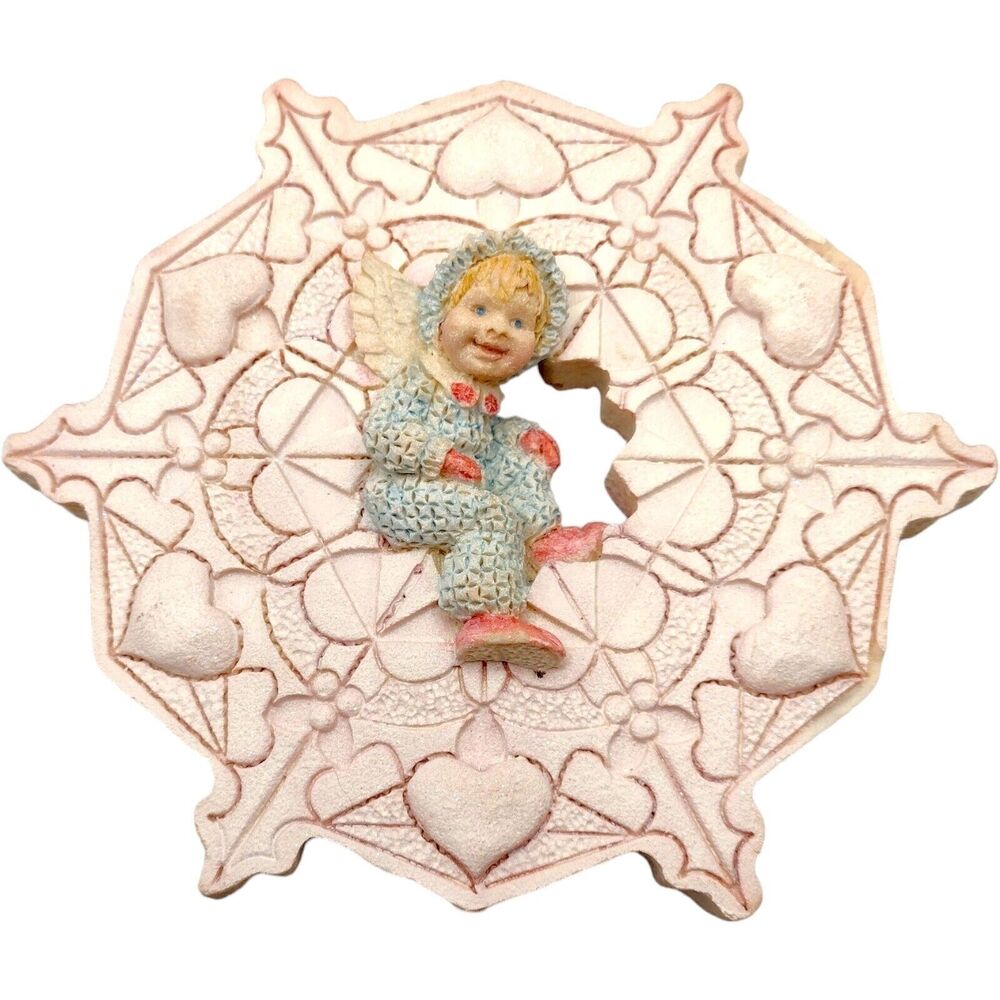 Vintage Baby Angel Ornate Snowflake Hearts Christmas Ornament 6" UDC 1995 Resin